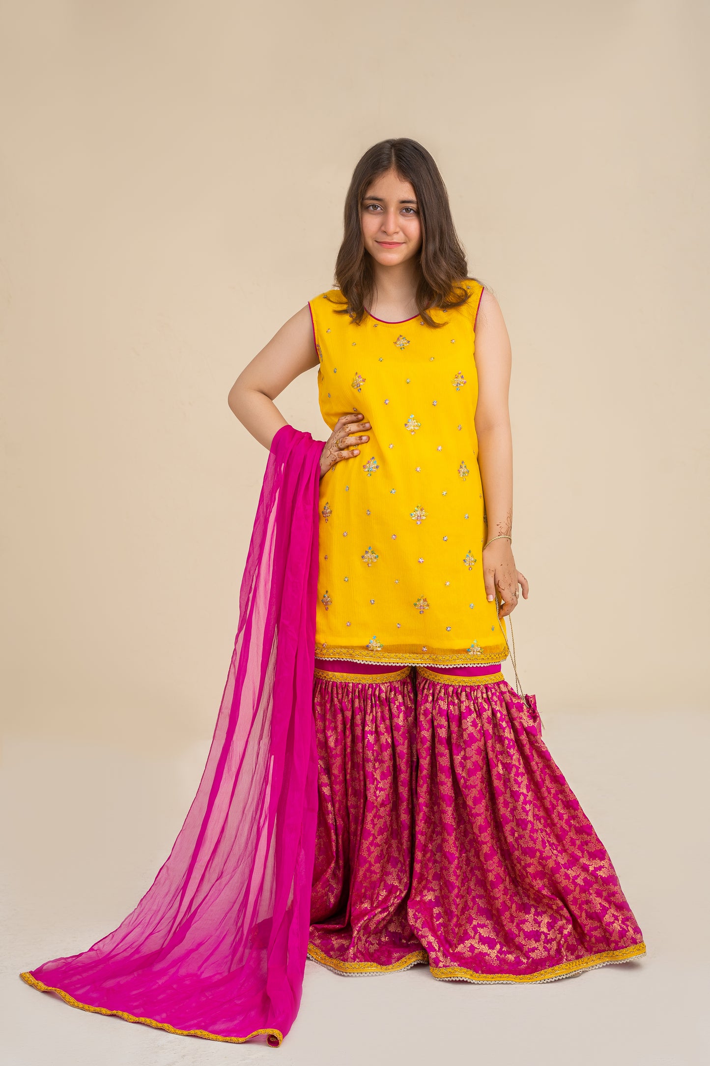 4 - piece embroidered  Gharara Suit with Dupatta and Batwa.