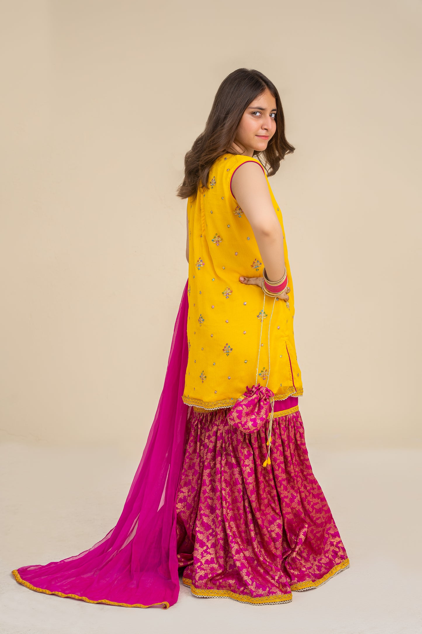 4 - piece embroidered  Gharara Suit with Dupatta and Batwa.