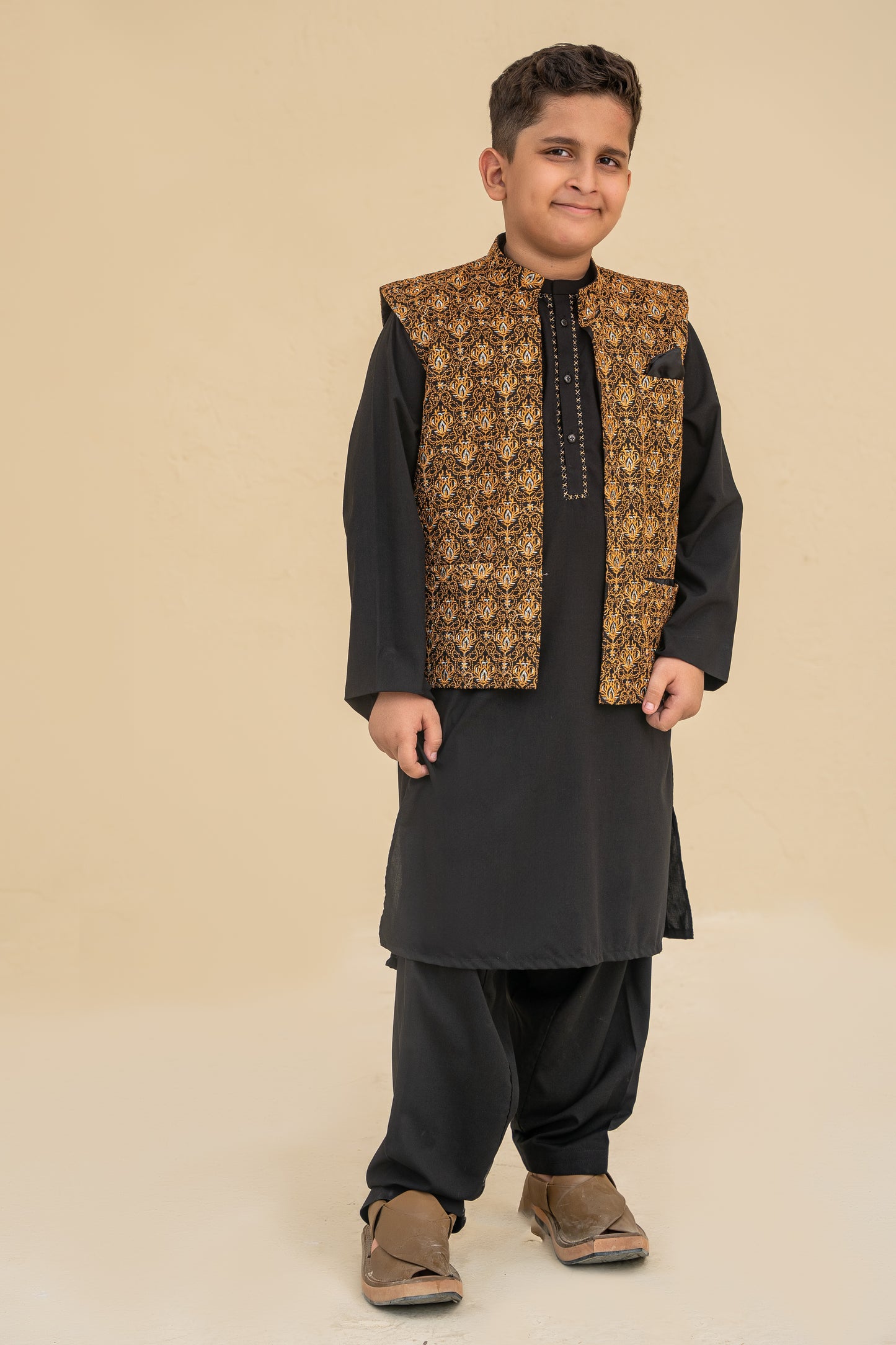 Black kurta shalwar  with waistcoat.B4009