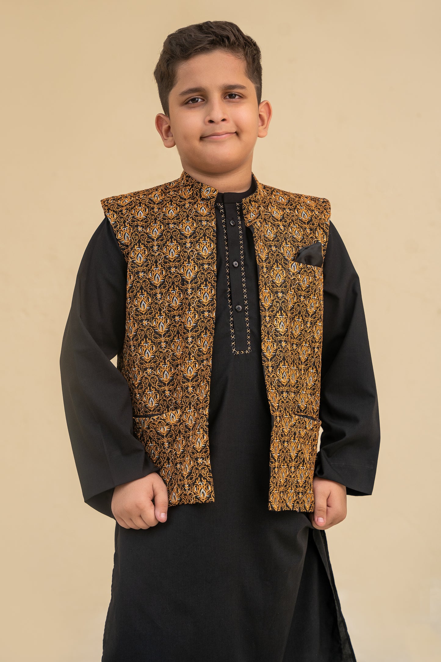 Black kurta shalwar  with waistcoat.B4009