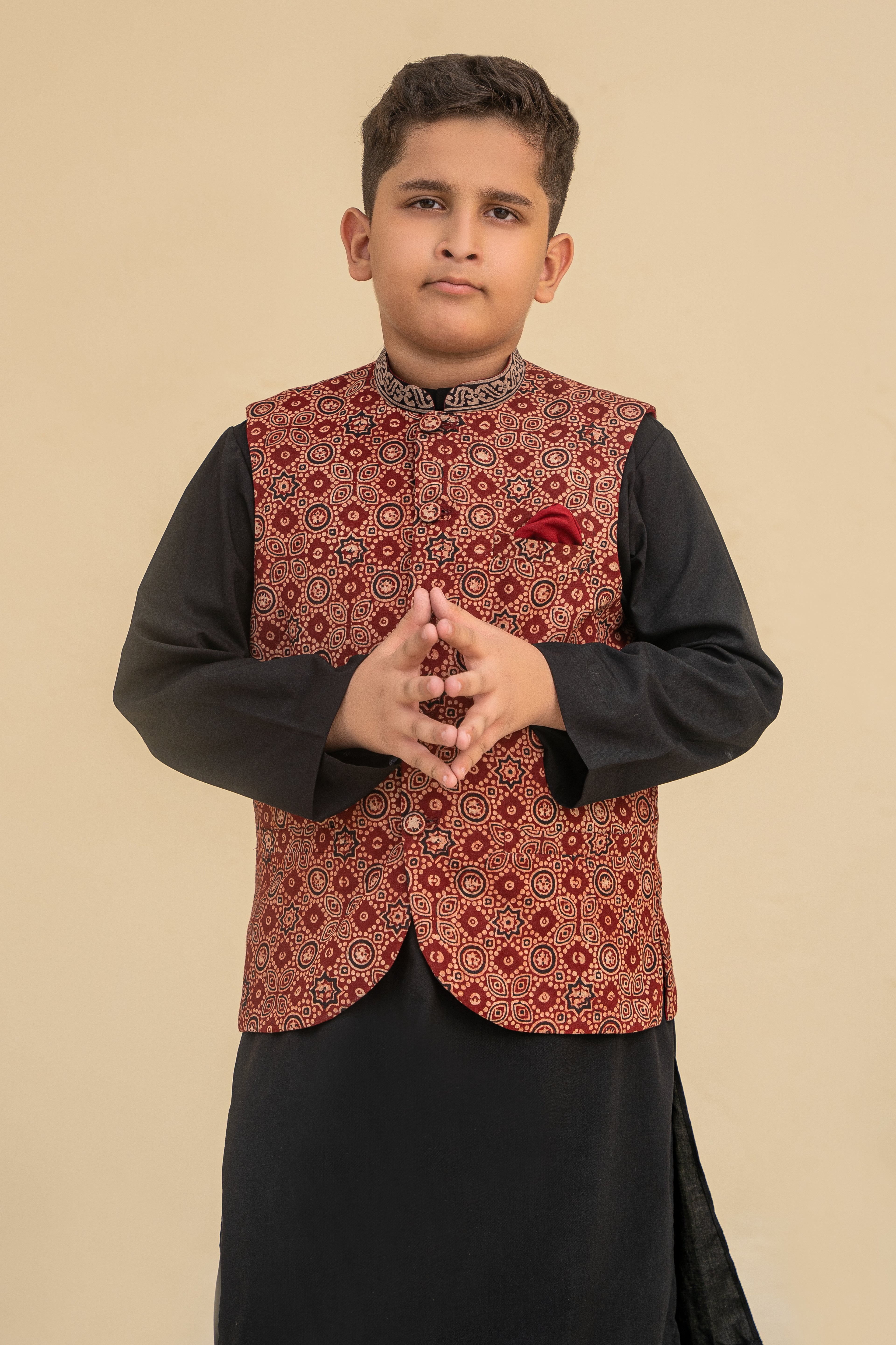 Black kurta shalwar with waistcoat.B3092