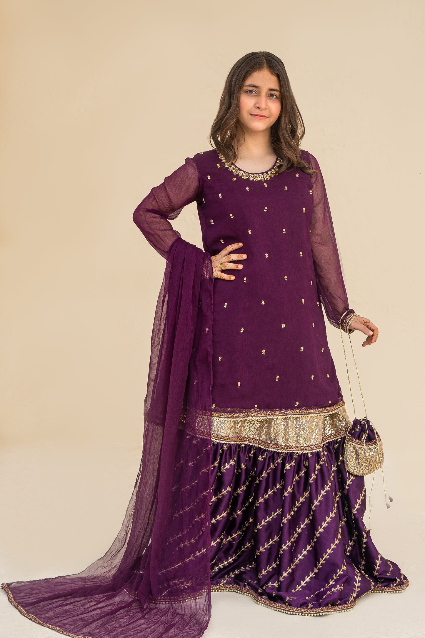 4 - piece Hand embroidered  Frarshi Sharara Suit with Dupatta and Batwa.