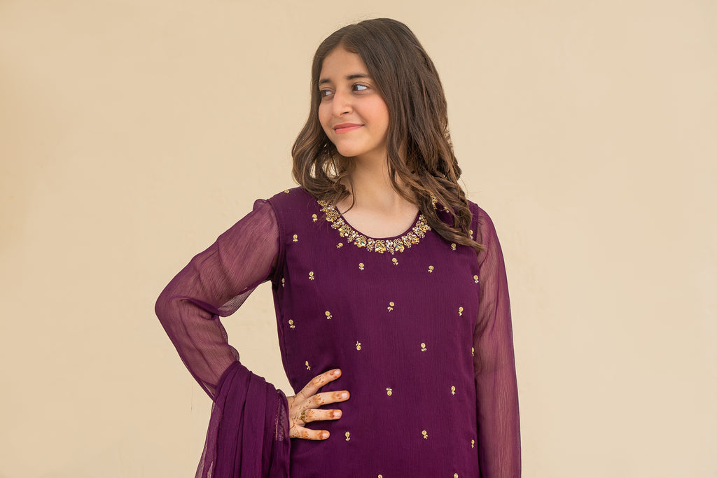 4 - piece Hand embroidered  Frarshi Sharara Suit with Dupatta and Batwa.G10442