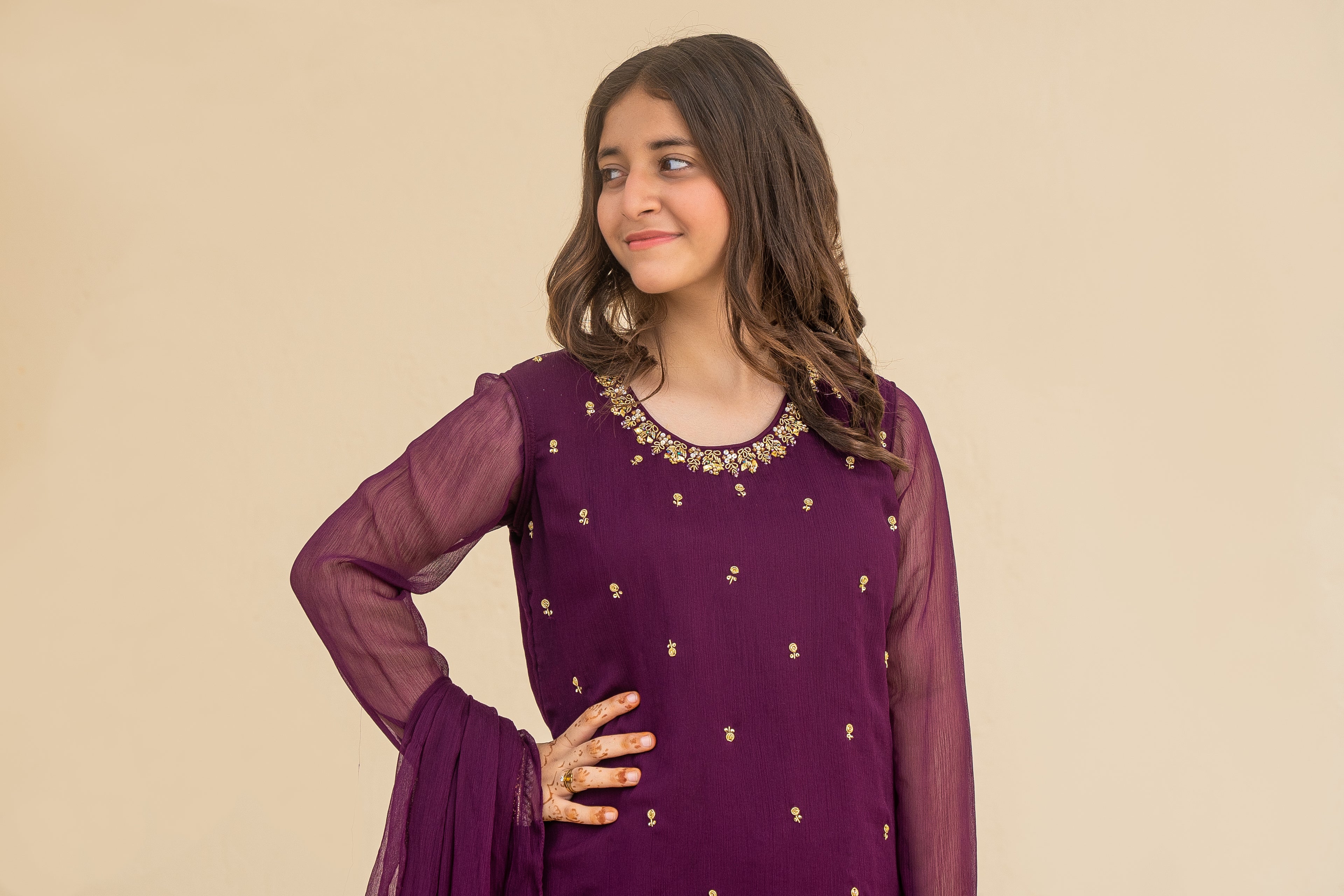 4 - piece Hand embroidered  Frarshi Sharara Suit with Dupatta and Batwa.G10442