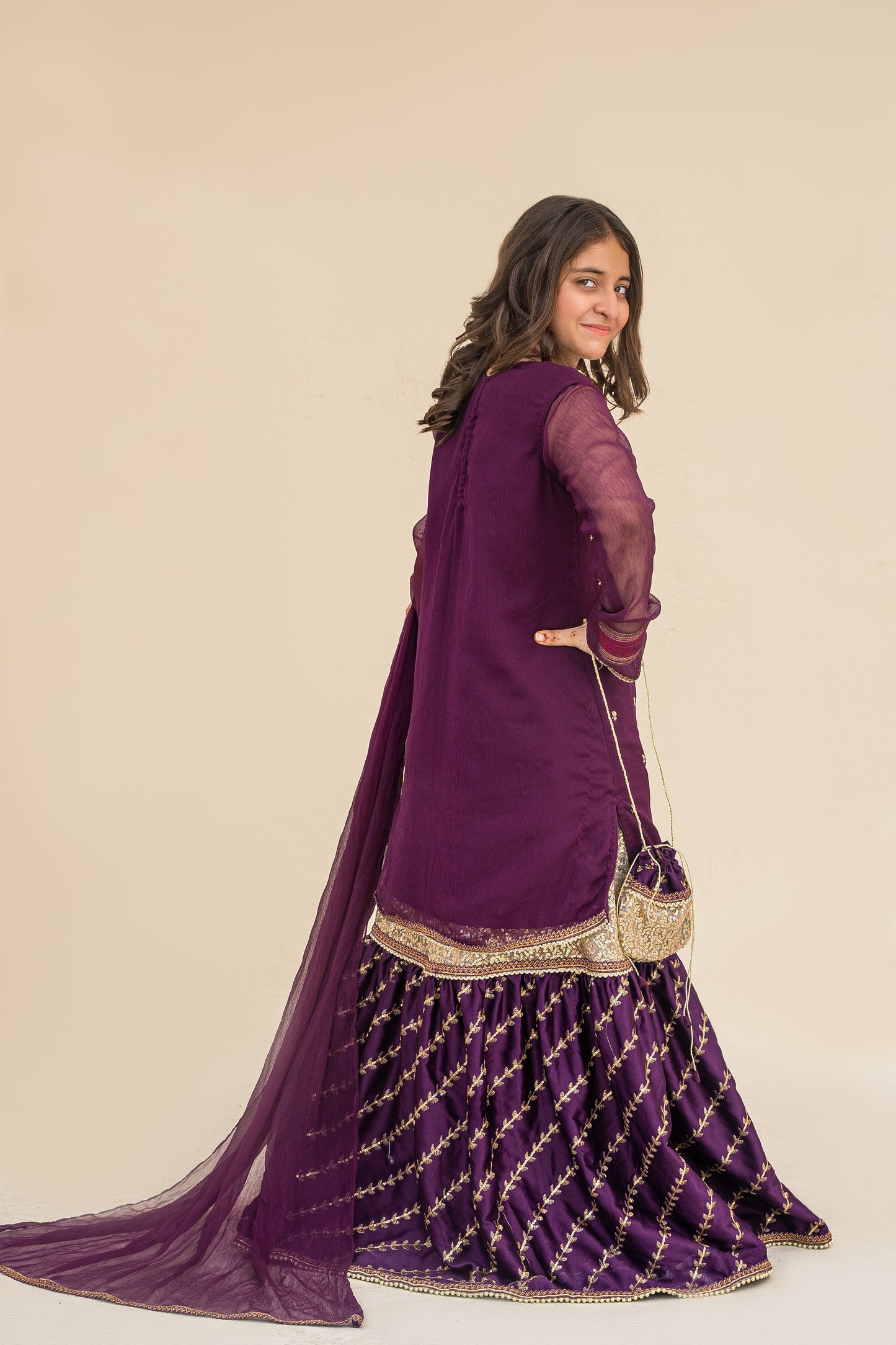 4 - piece Hand embroidered  Frarshi Sharara Suit with Dupatta and Batwa.