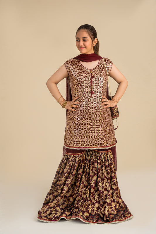 4 - piece embroidered Gharara Suit with Dupatta and Batwa.