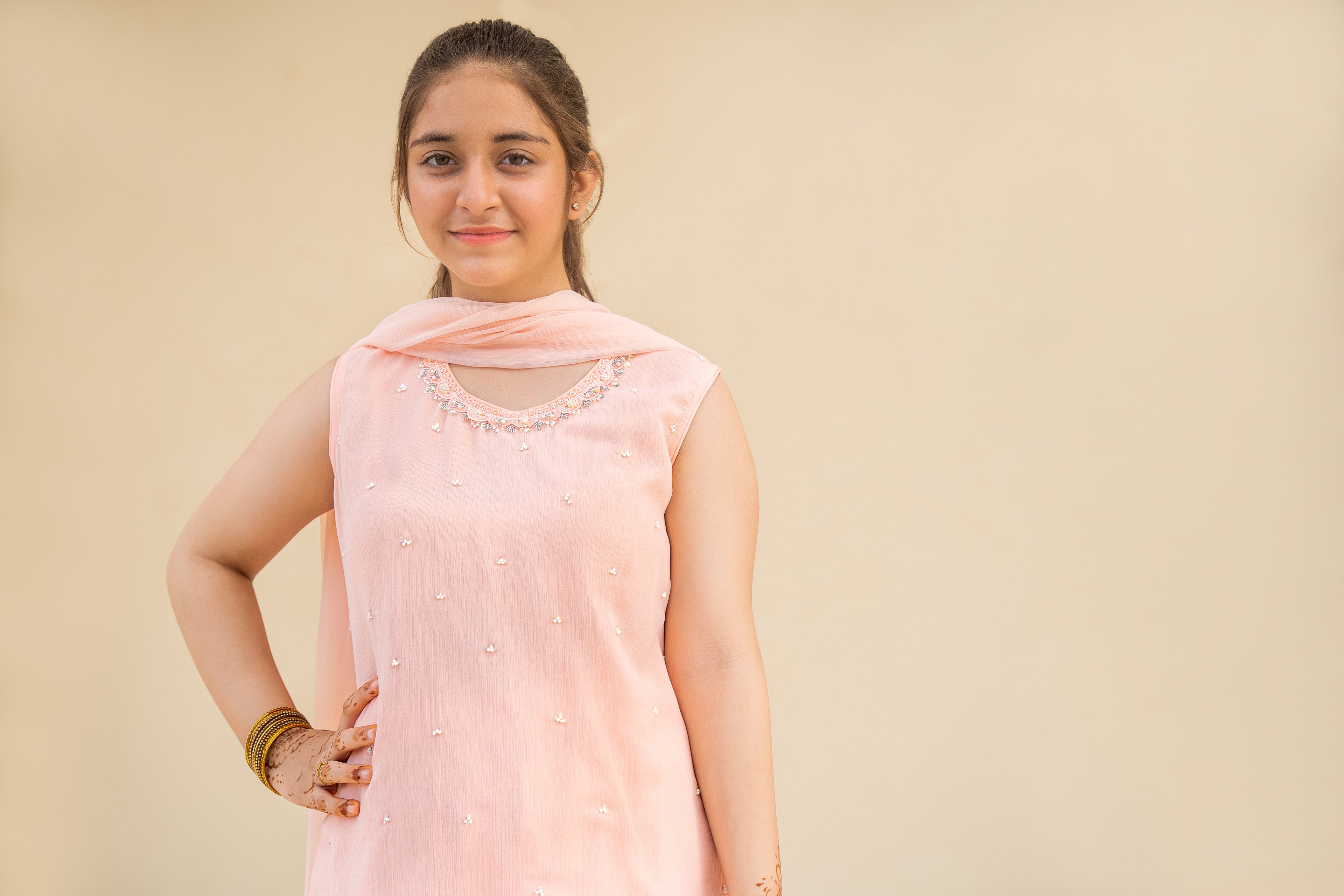 4 - piece Hand embroidered  Gharara Pants Suit with Dupatta and Batwa.G10459