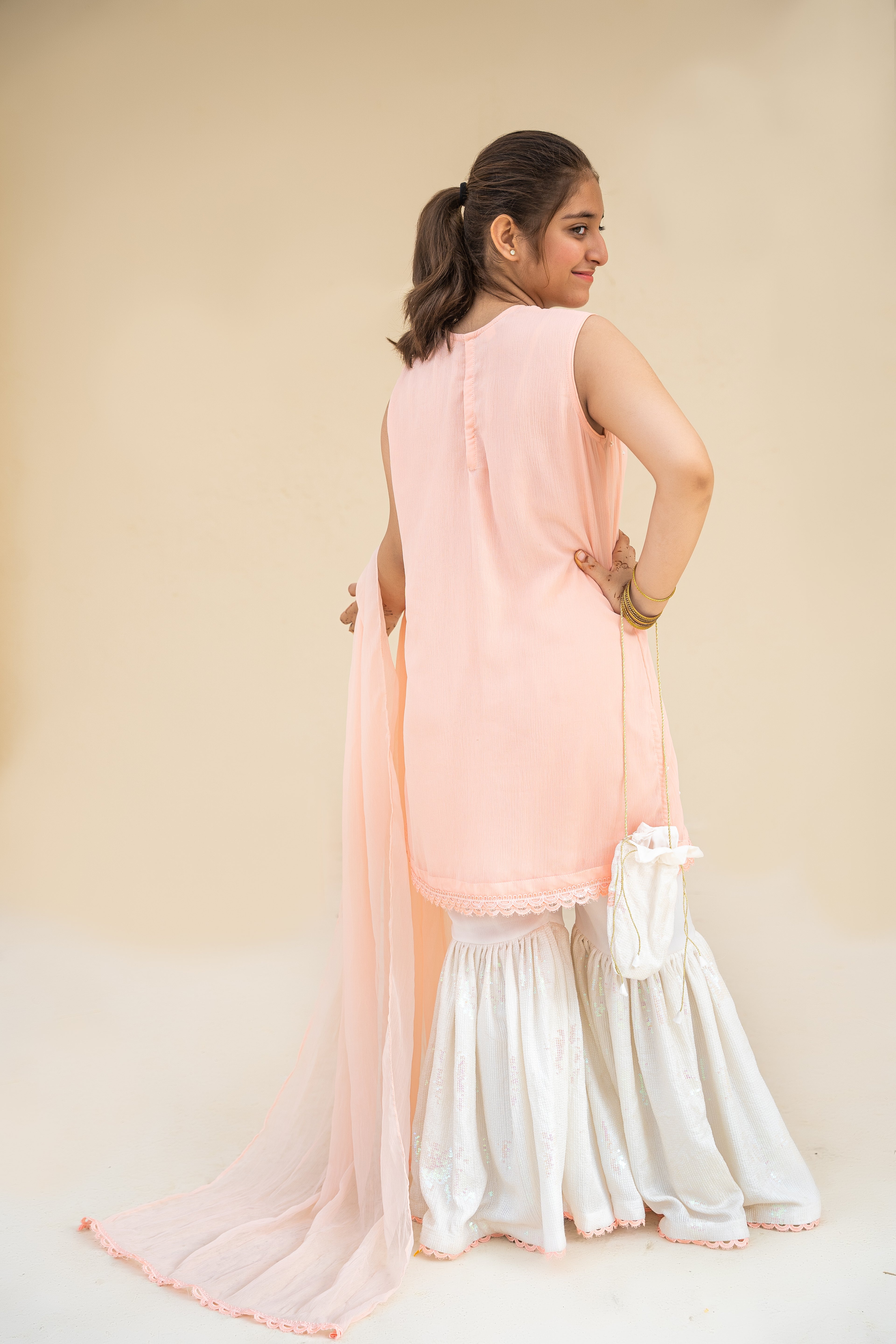 4 - piece Hand embroidered  Gharara Pants Suit with Dupatta and Batwa.G10459