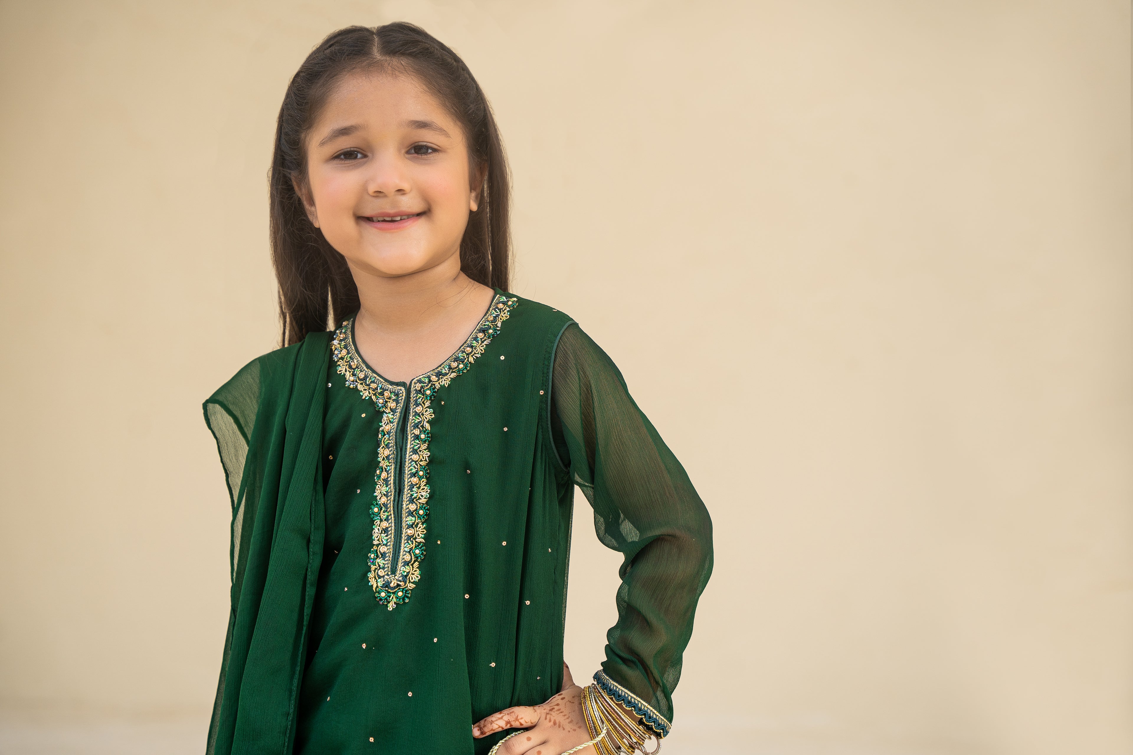 4 - piece Hand embroidered Frarshi Sharara Suit with Dupatta and Batwa.G10426