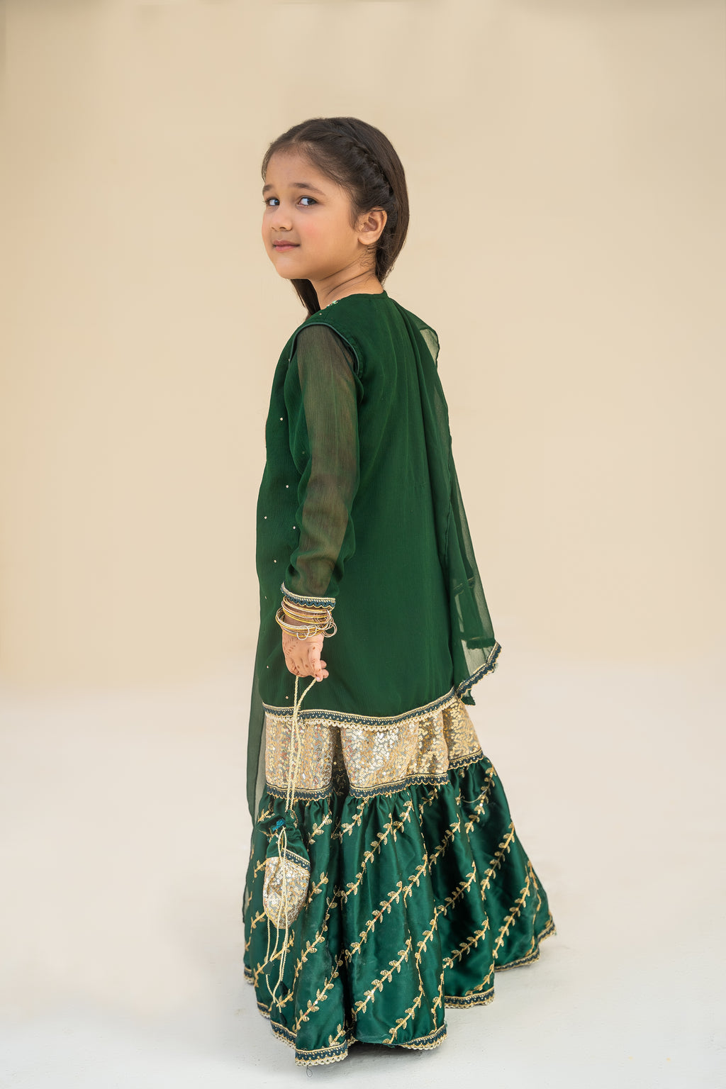 4 - piece Hand embroidered Frarshi Sharara Suit with Dupatta and Batwa.G10426