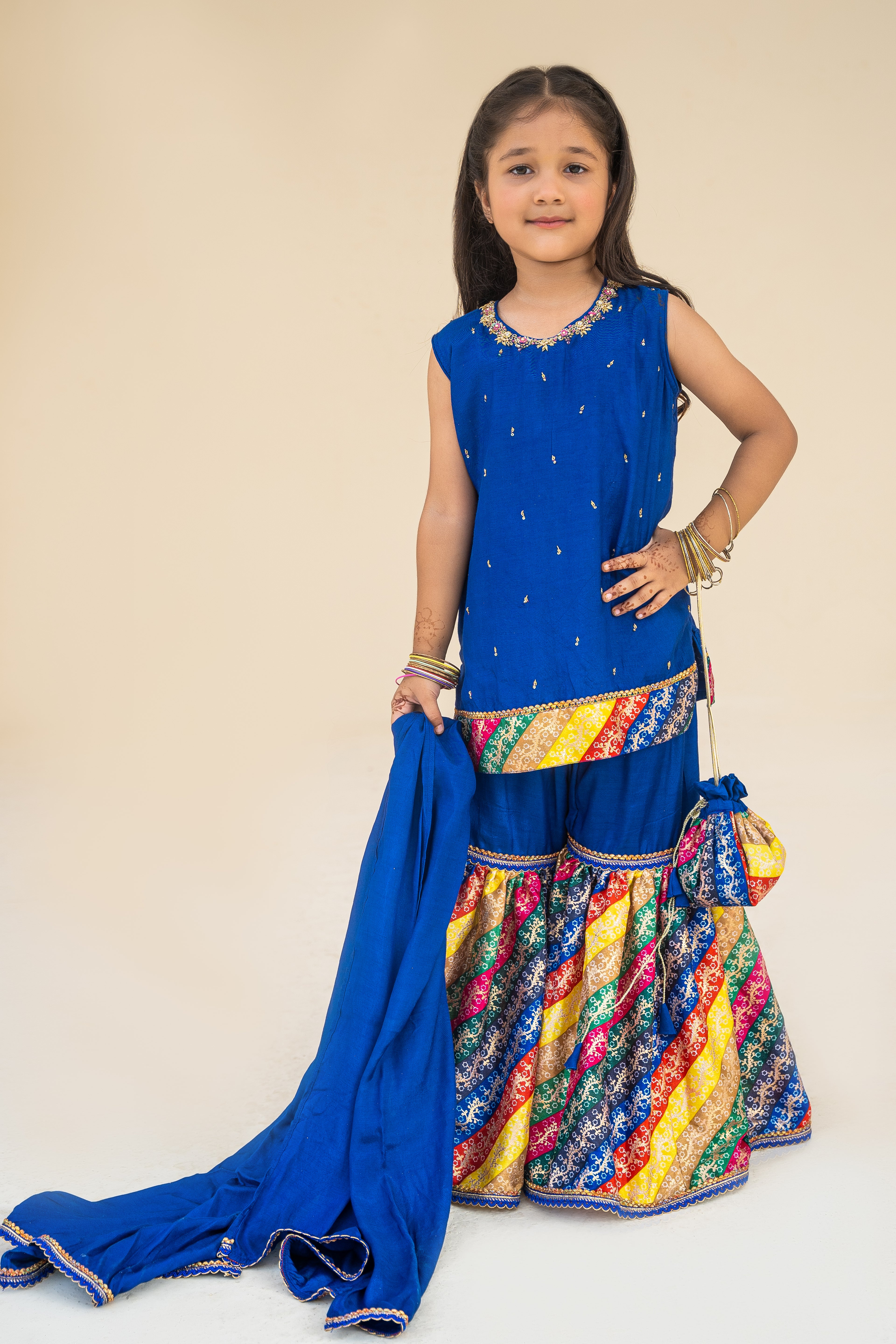 4 - piece Hand embroidered gharara Suit with Dupatta and Batwa. G10424