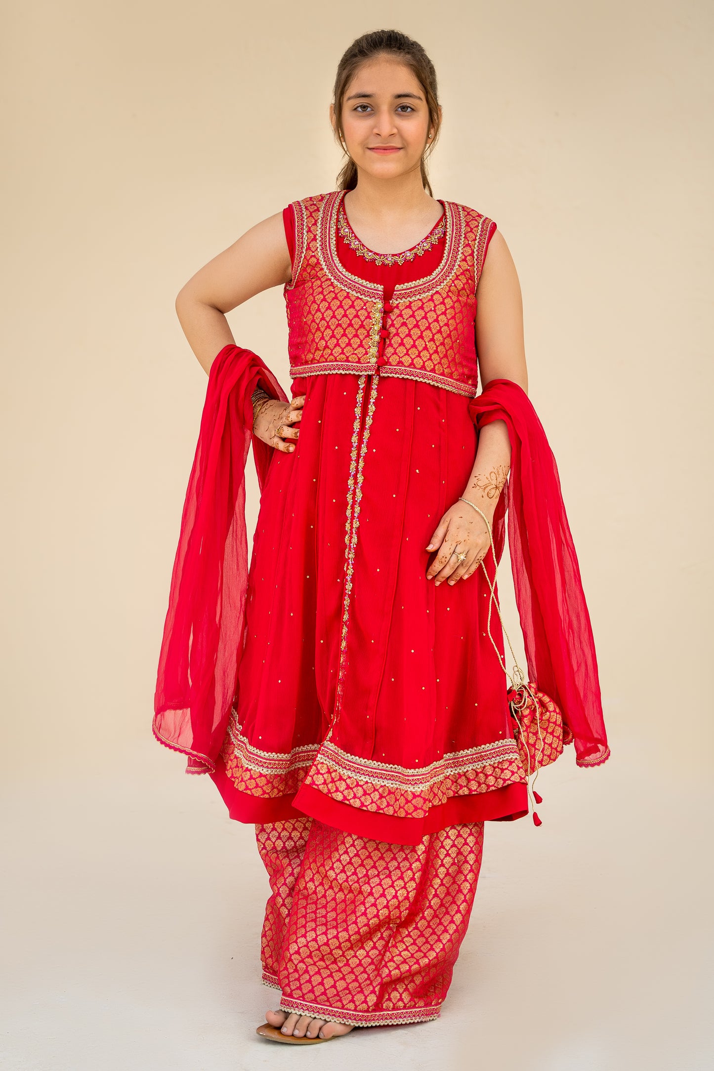 4 - piece Hand embroidered  Kameez with Palazzo, Dupatta and Batwa.