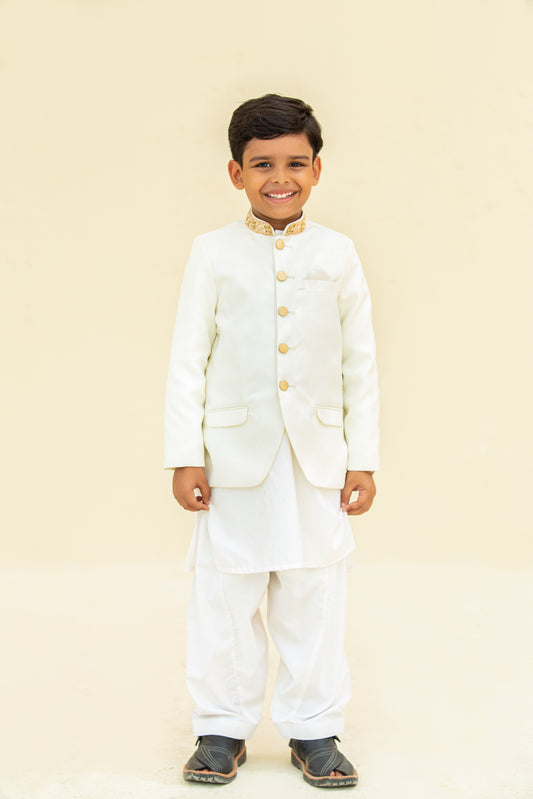 White kurta shalwar with prince coat.B4011