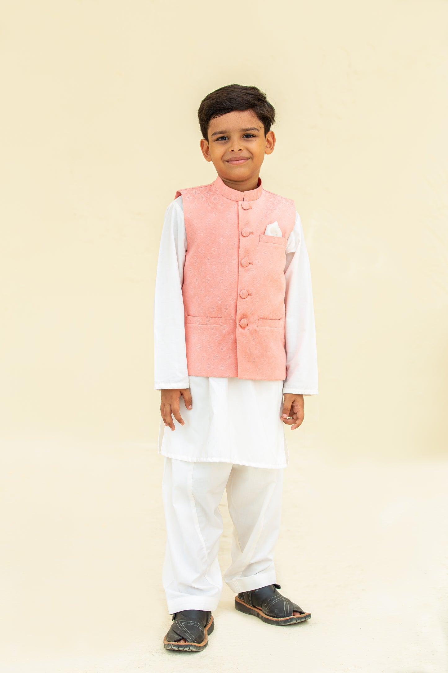 White kurta shalwar with waistcoat .B4010