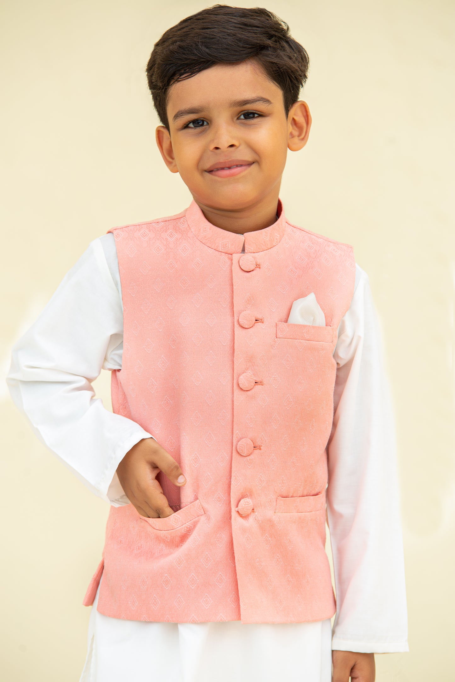 White kurta shalwar with waistcoat .B4010