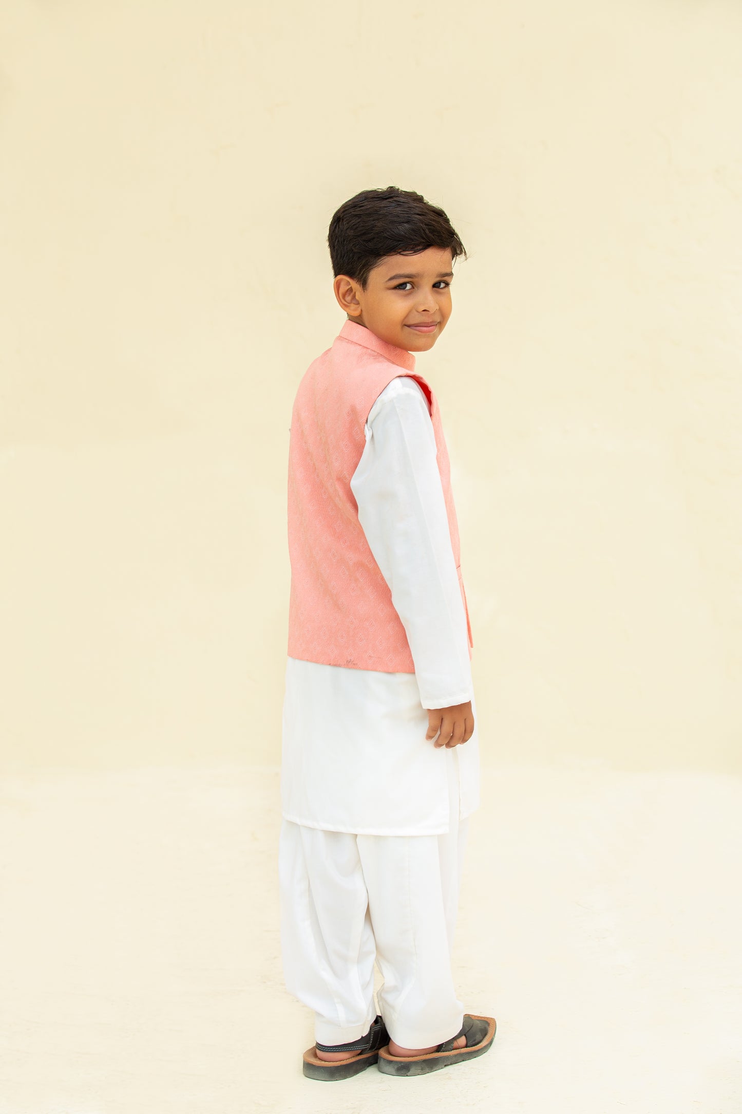 White kurta shalwar with waistcoat .B4010