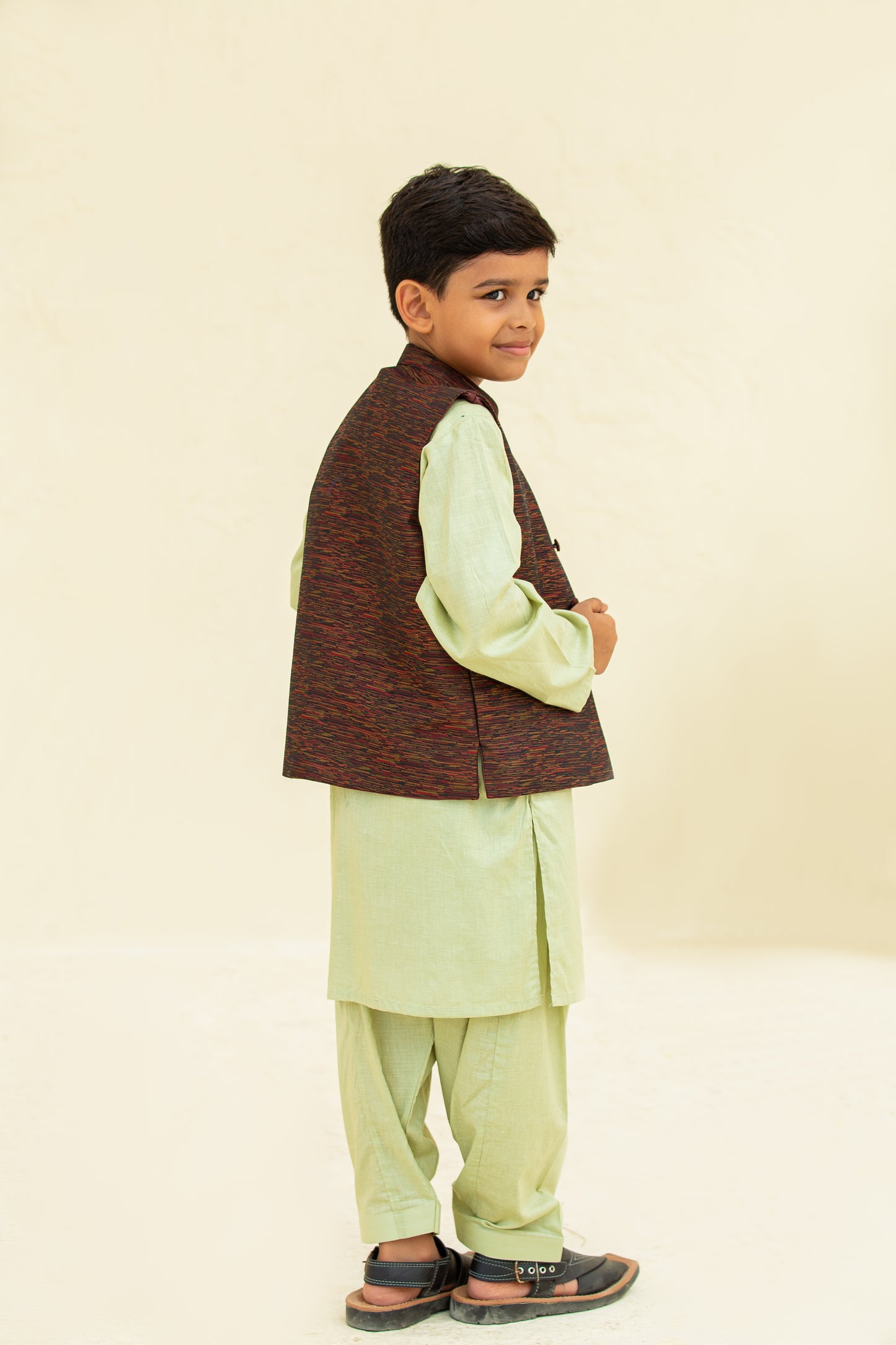 Pista green kurta shalwar with waistcoat. B 3095