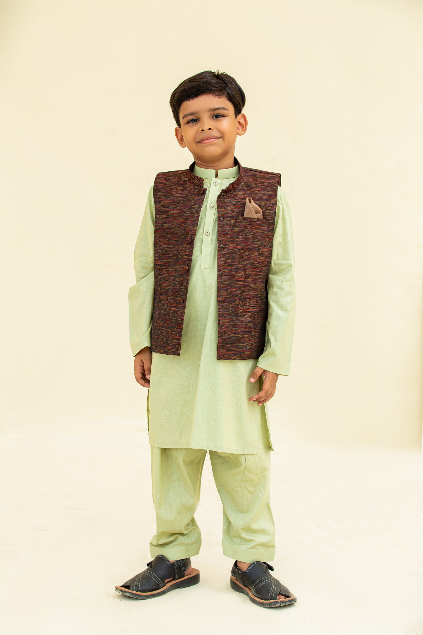 Pista green kurta shalwar with waistcoat. B 3095