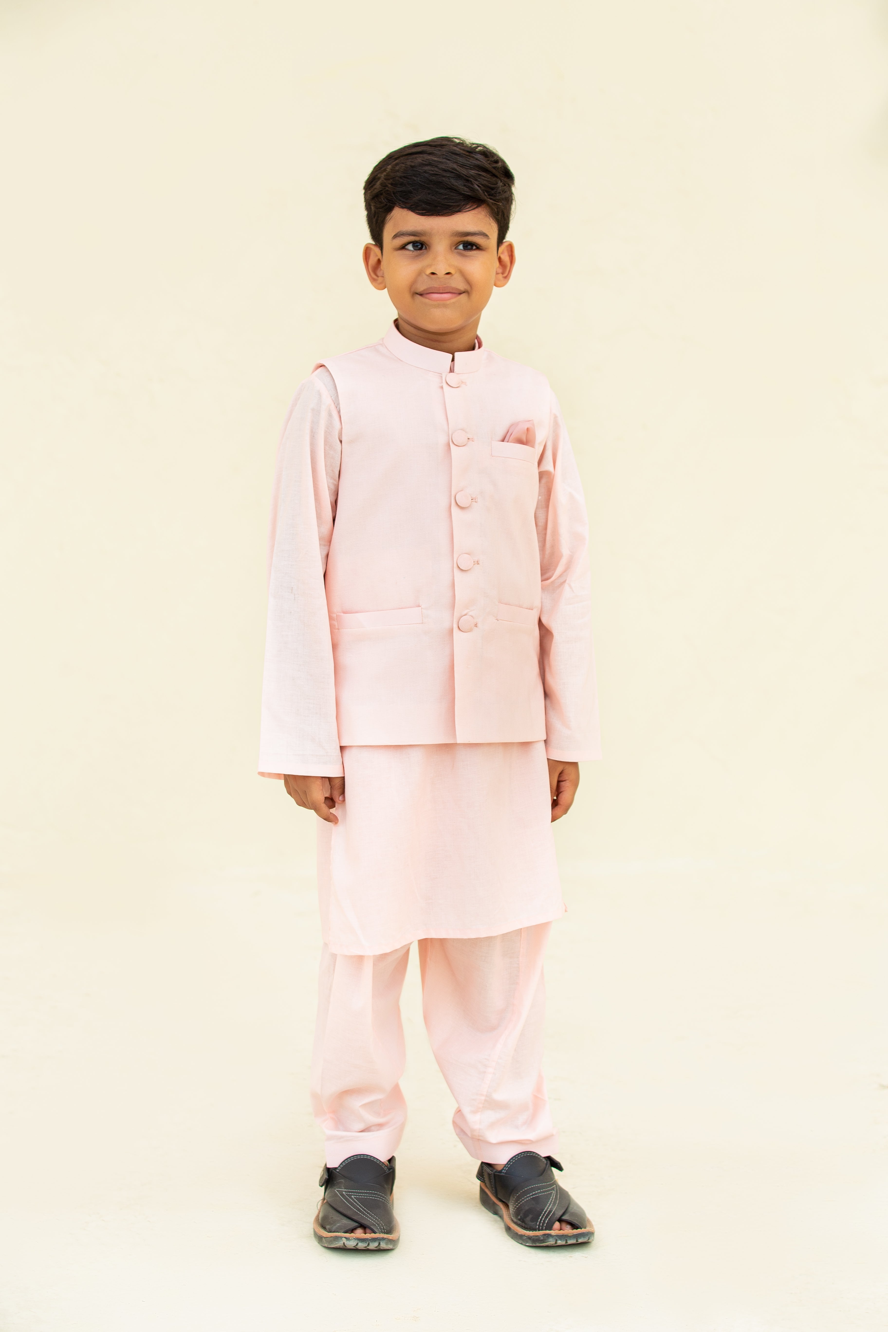 Light pink kurta shalwar with waistcoat. B3093