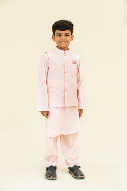 Light pink kurta shalwar with waistcoat. B3093