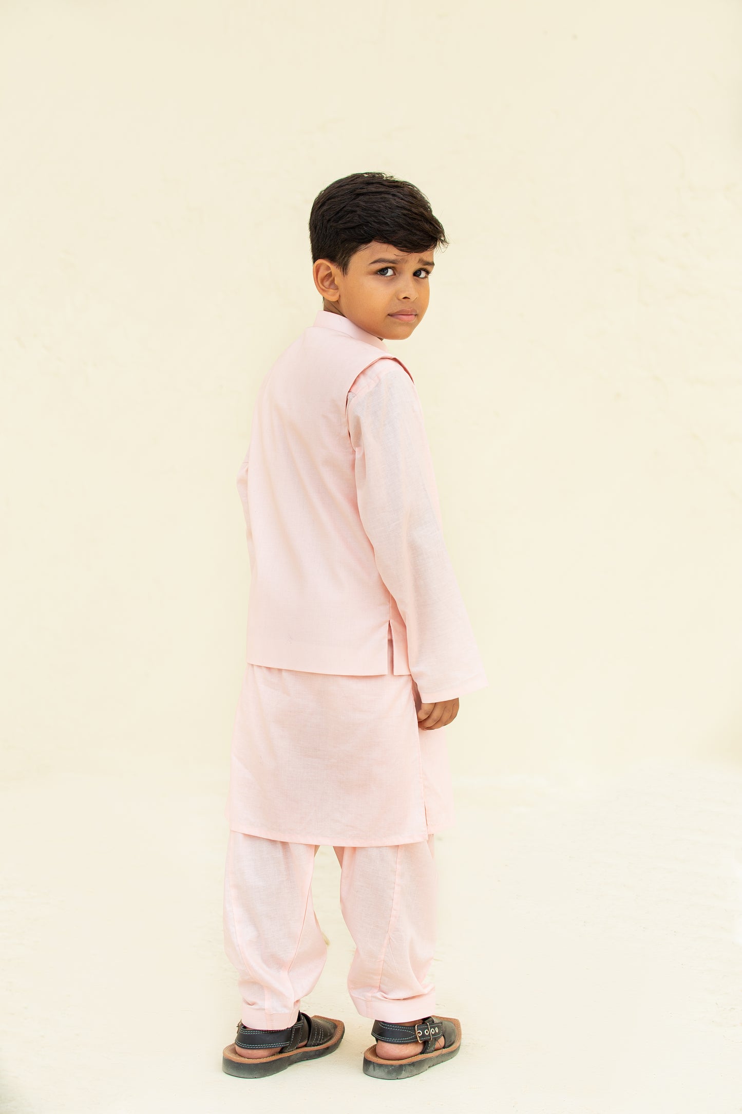 Light pink kurta shalwar with waistcoat. B3093