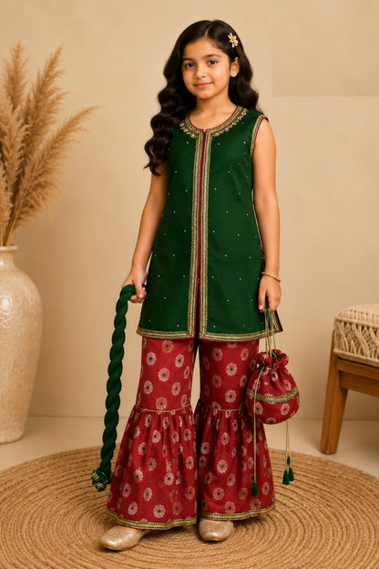Green Chiffon Hand-Embroidered Kameez with Banarasi Gharara
