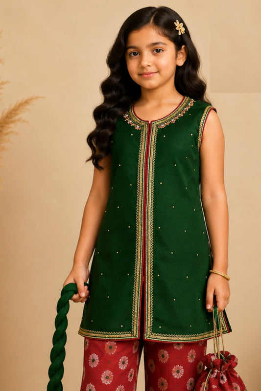 Green Chiffon Hand-Embroidered Kameez with Banarasi Gharara