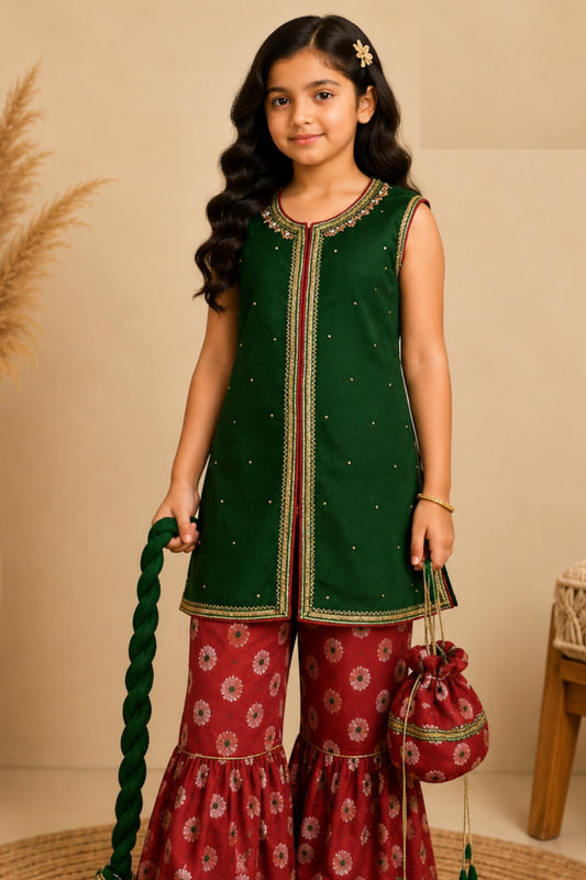 Green Chiffon Hand-Embroidered Kameez with Banarasi Gharara