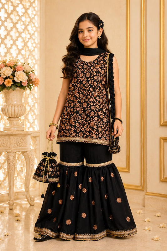 4 - piece embroidered Gharara Suit with Dupatta and Batwa.G10517