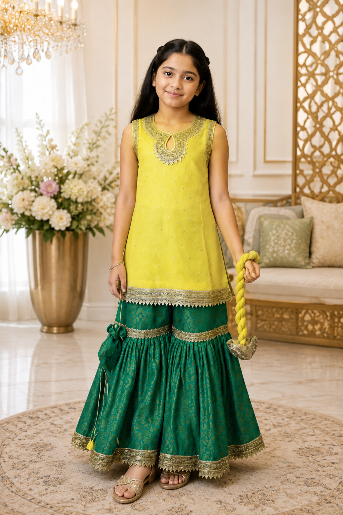 4 - piece embroidered  Gharara Suit with Dupatta and Batwa. Hyderabadi  1
