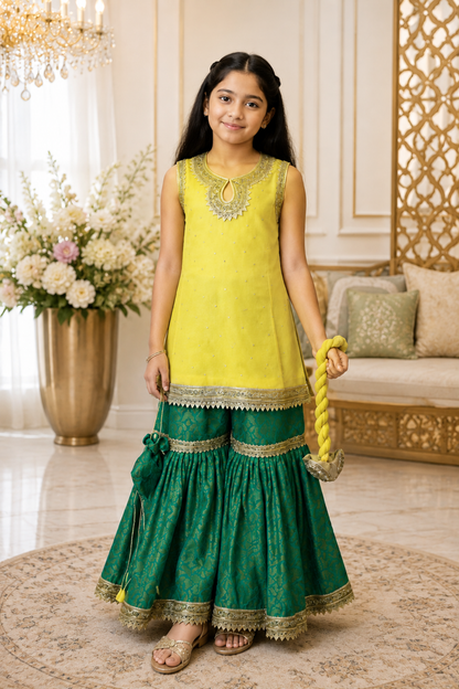 4 - piece embroidered  Gharara Suit with Dupatta and Batwa. Hyderabadi  1