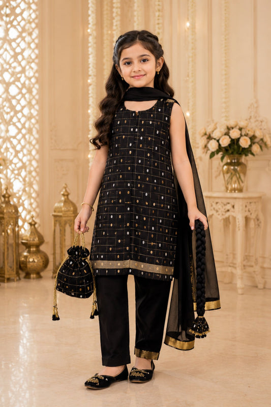 4 - piece Kameez Suit with Dupatta and Batwa. G10508(Black)