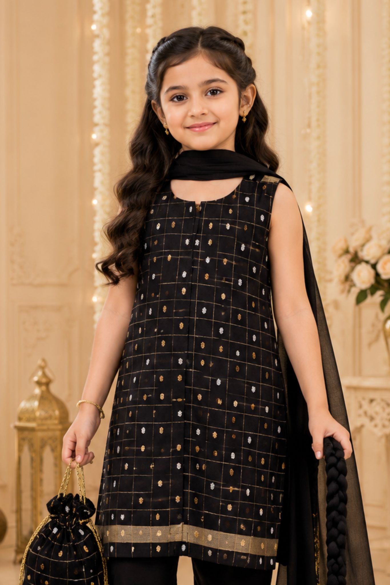 4 - piece Kameez Suit with Dupatta and Batwa. G10508(Black)