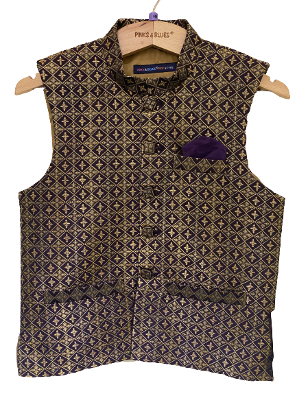 Purple and Golden Banarasi Waistcoat - Pinks & Blues