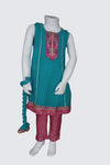 Turquoise Chiffon Kameez with Banarasi Pants - Pinks &amp; Blues 