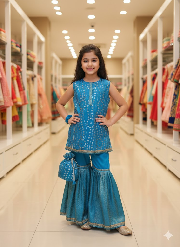 4 - piece embroidered Gharara Suit with Dupatta and Batwa.